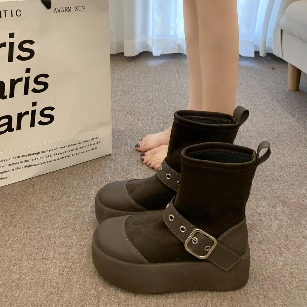 Fashion Punk Thick Heel Platform Boots Women Chunky Heels Fashion Buckle Motorcycle Boots Woman Black White Thick Bottom Ankle Booties