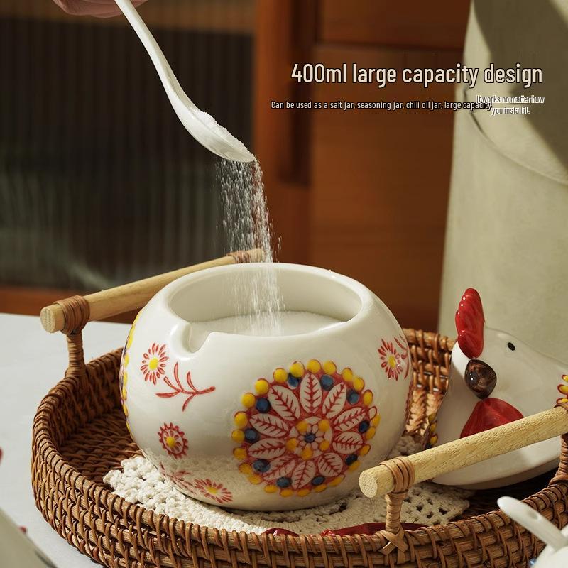 Ceramic Chick Spice Jar with Lid & Spoon - Moisture-Proof, High-End Kitchen Salt & Chili Shaker.