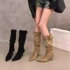 Spitze High Heel Khaki Skinny Stiefel Damenschuhe Sommer Vintage Pile Stiefel Mittlerer Schaft