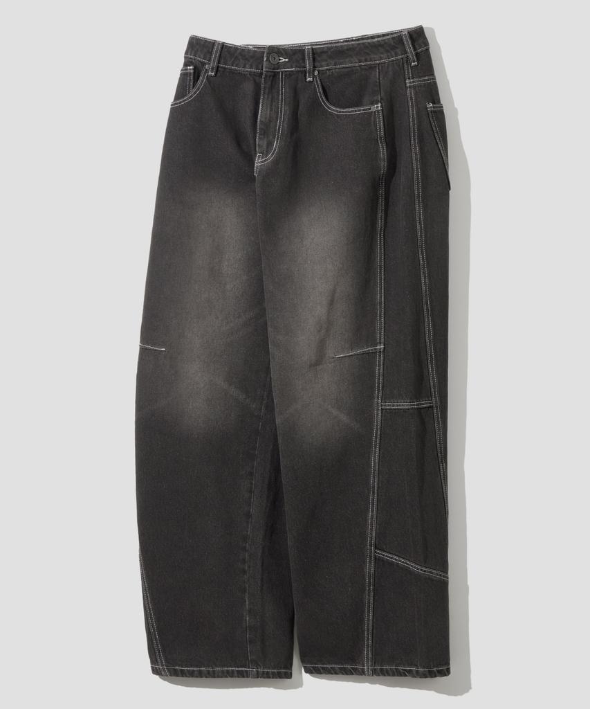 AGOD Curved Wash Cut-Out Wide Denim Pants [Dust Black]