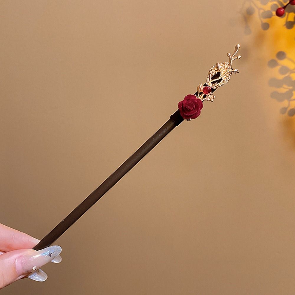 Classical Flower Wooden Hair Stick Tassel New Year Hanfu Hairpin Hair Sticks for Buns Red Cheongsam Accessories