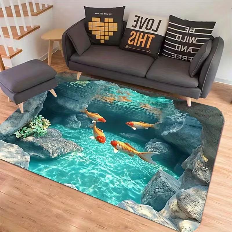 3D Fischmatte Maschinenwaschbar Teppich mit Wasser-Thema für Wohnzimmer Schlafzimmer Heimdekoration Ganzjahres-Modisch