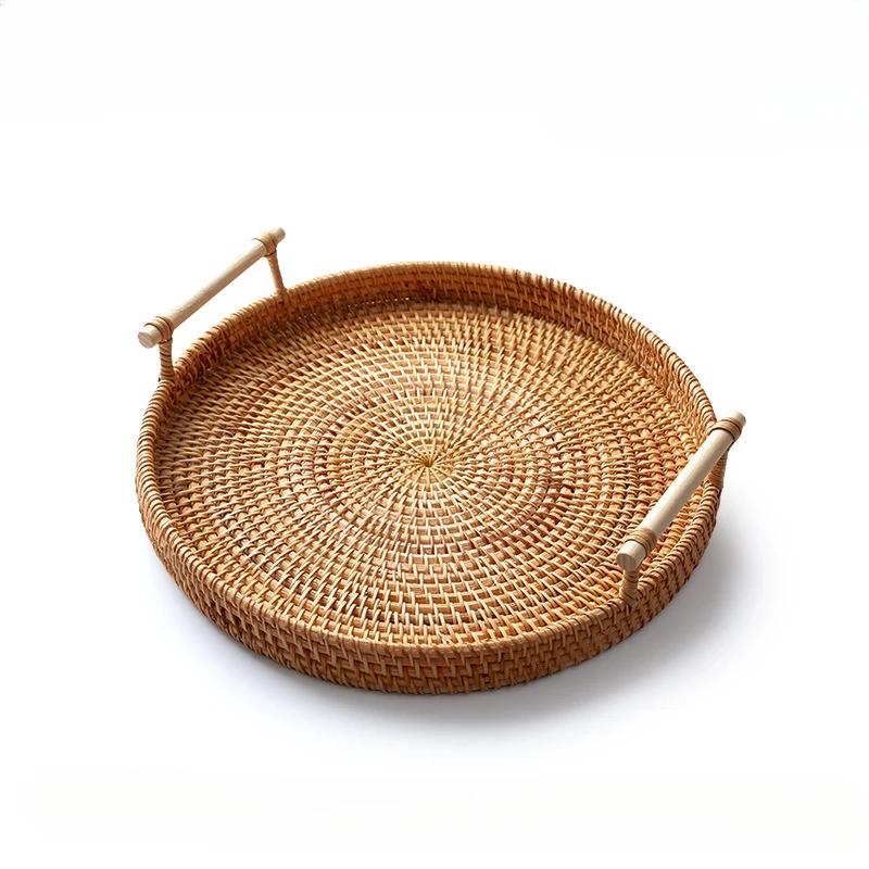 Rattan Ekmek Saklama Dokuma Atıştırmalıklar Meyve Yuvarlak Tepsi Piknik Binaural Tepsi Oturma Odası Masası Bitirme Ekmek Tabakları Ahşap Saplı
