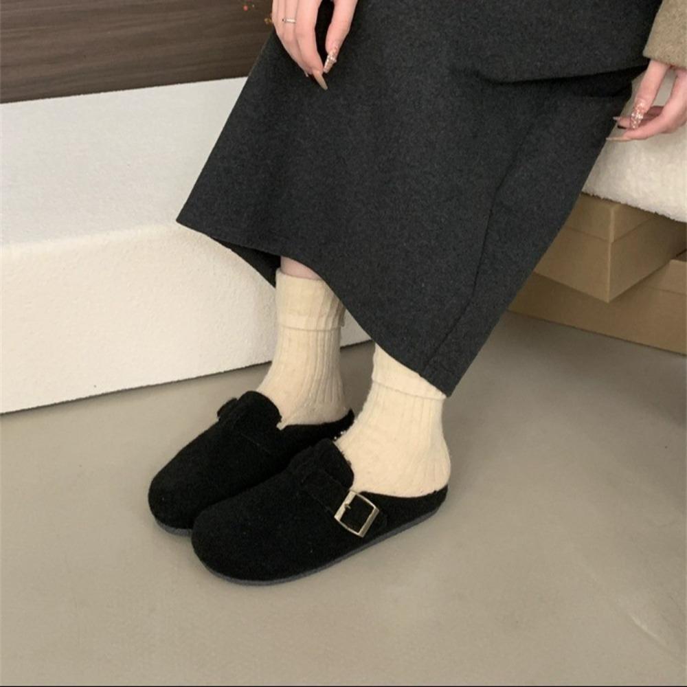 New Women Slippers Mules Fur Women Shoes Winter New Buckle Flats Platform Walking Plush Ladies Slides Casual Warm Indoor Boots