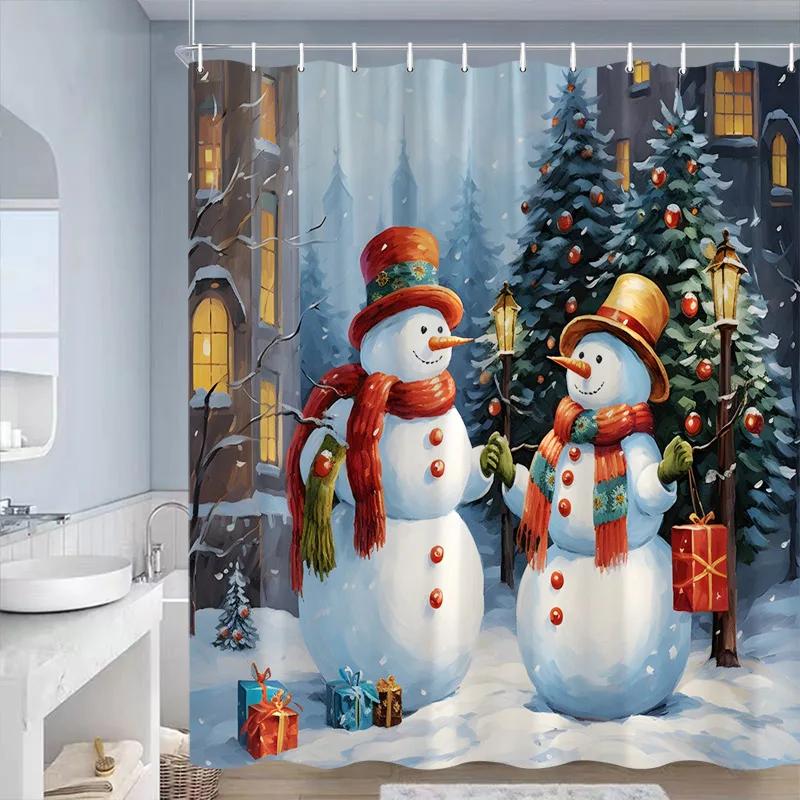 Rideaux de douche de Noël Bonhomme de neige bleu mignon Cadeau de Noël Forêt d'hiver Cèdre Paysage naturel Décoration de salle de bain maison Ensemble de rideaux de bain