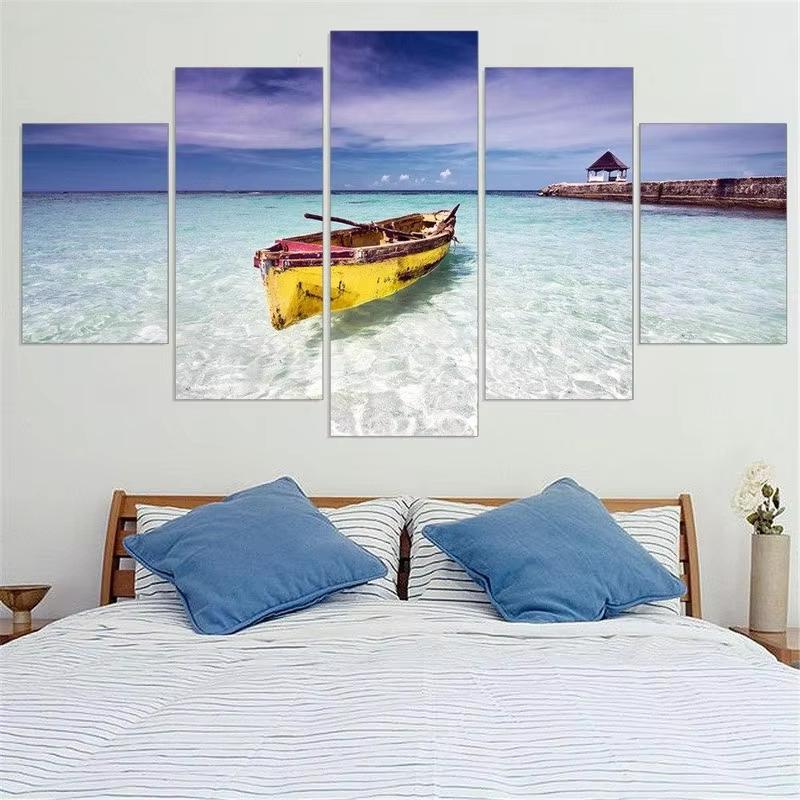 Peinture sur toile 5 panneaux Bateau Navire Images Paysage Marin Affiches et Impressions Art Mural pour Salon Décoration de Maison Sans Cadre