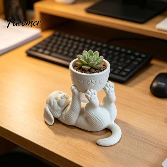 DIY Painting Craft Gift 3D Printed Lying Puppy Flower Pot, Cute Dog Succulents Planter with Creative Desktop Holder Removable Bowl, Mini Plant