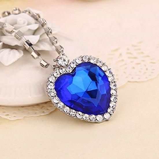 Valentine Special Mesmerizing Titanic Blue Ocean Heart Austrian Crystal Pendent Set Silver Plated Jewellery Set for Women