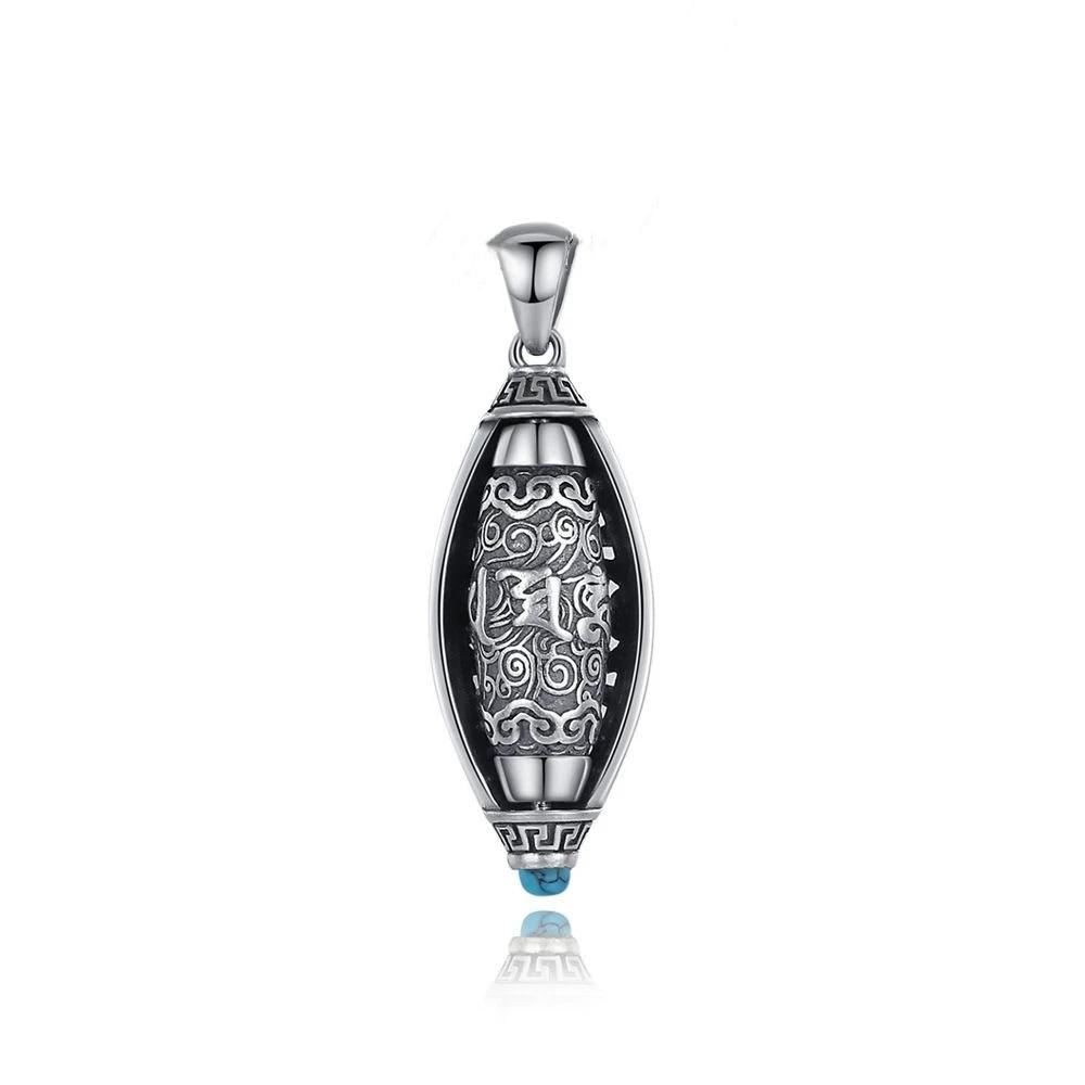 S925 Sterling Silver Lucky Transshipment Six-character Mantra Turquoise Nine-eye Dzi Beads Pendant Necklace Retro Men and Women Turn