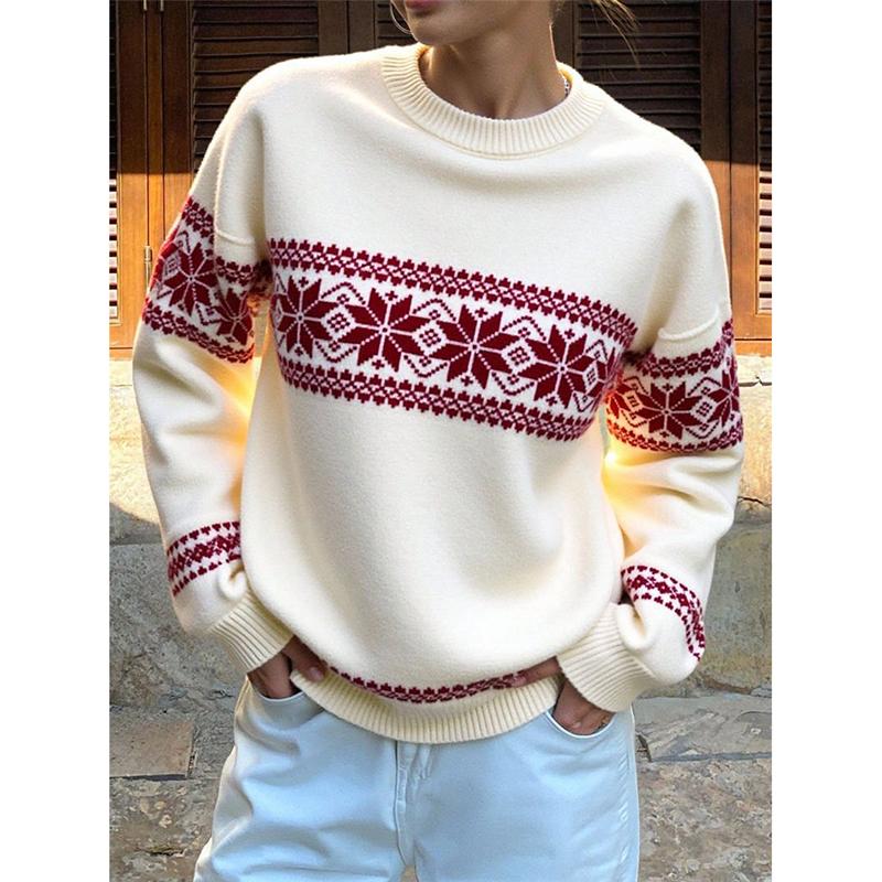 Retro Christmas Style Knitted Red Sweater Women's Round Neck Pullover Autumn Winter New Style Thickened Geometric Patterned Top