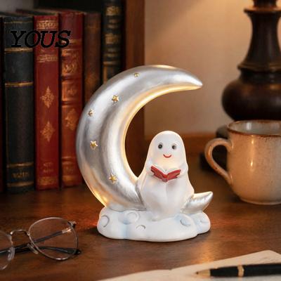 Starry Moon Ghost Gift Cute Reading Book Ornament, Luminous Resin Figurine, Fall Seasonal Decoration Night Light for Halloween Home Desktop Decorative