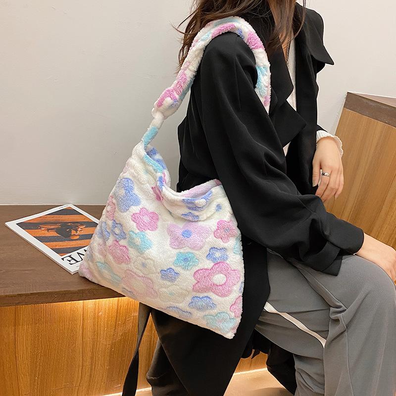 Yogodlns Mode Blumen Schulter Umhängetaschen Für Frauen Weiche Plüsch Shopper Totes Weibliche Große Kapazität Handtasche Warme Flauschige Eimer Taschen