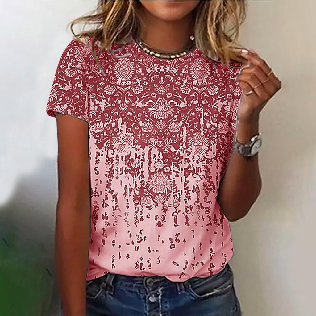 Women's Fashion Casual Short Sleeve Printed Round Neck Loose Pullover Top