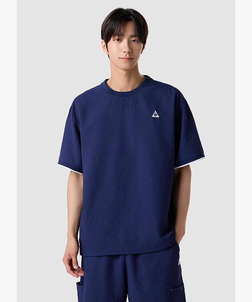 LECOQ Unisex Seersucker Loose Fit Short Sleeve Piste - Navy Qr223Lwt61 (B Type)