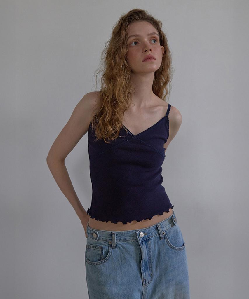LONQUE Lace Trim Sleeveless Cami Top (Navy)