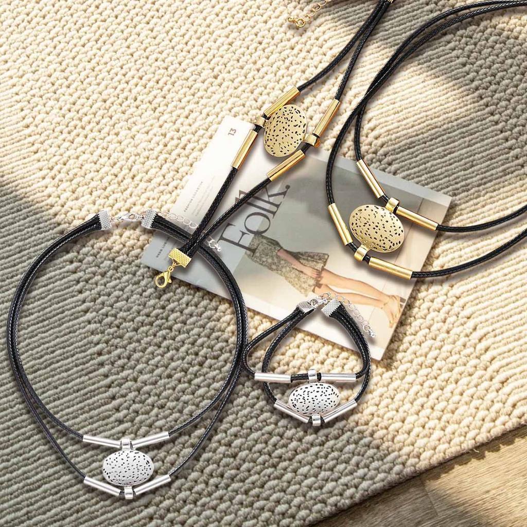 2025 European and American Fashion Creative Design Sense Retro Trend Double-layer Metal Tube Necklace Bracelet Set