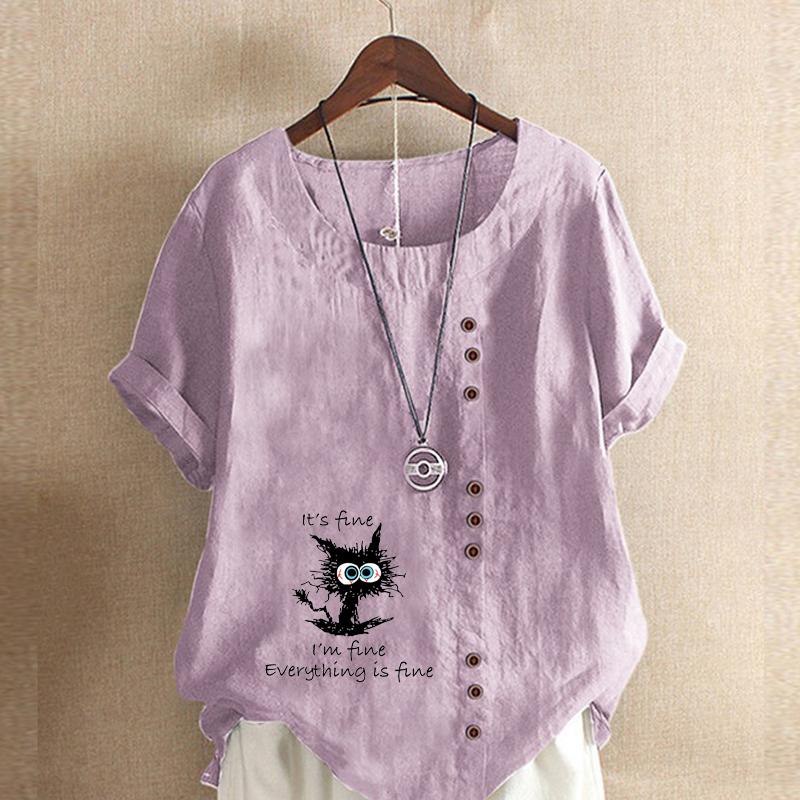 Women's Fashion Cartoon Cat Prined Short Sleeve T-shirt Loose Cotton Shirt Casual Loose Summer Blouse Tops Plus Size