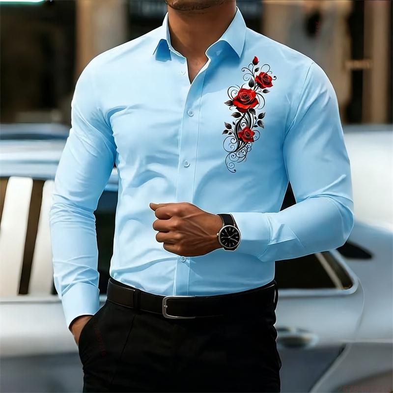 Chemise à manches longues pour homme, avec un design imprimé rose rouge vintage. Une chemise business casual élégante et tendance