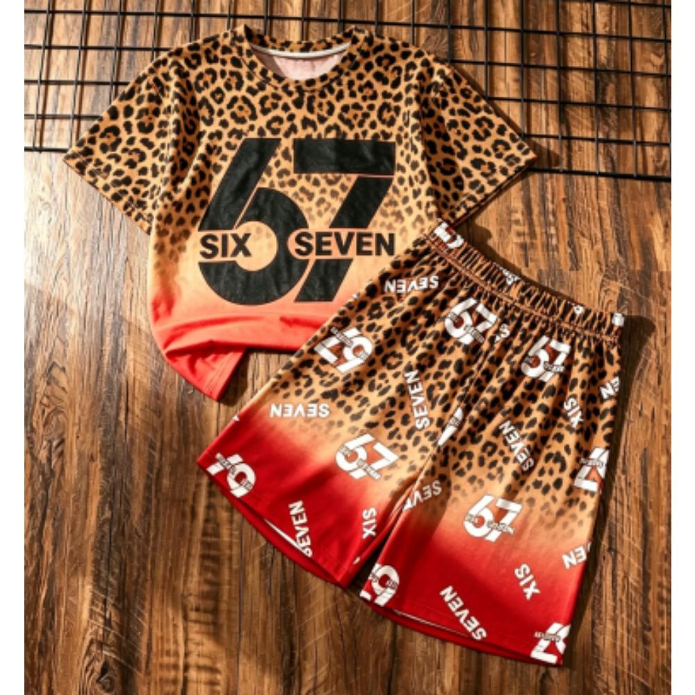 Fashion Fun Leopard 67 Number Printed Men's T-shirt and Shorts 2 Piece Set Summer Casual Outdoor Street Men's and Women's T-shirt Sets
