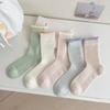 Thin Solid Color Vertical Striped Stack Socks, Breathable Mesh Double-layer Socks, Mouth Tube Women's Socks with Sweet Curled Edges