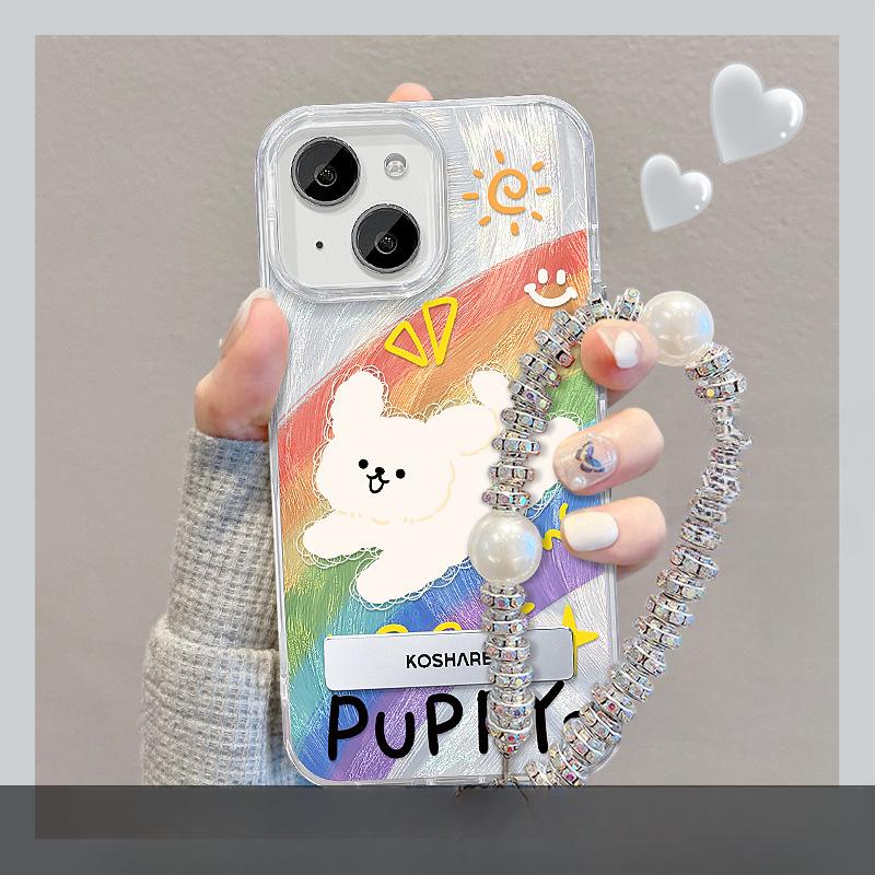 Adequado para Capa de Celular Apple 15 Verão Iphone14 Gato Arco-Íris Suporte Corrente 13 Fio de Pena IDM Fofo 7/8