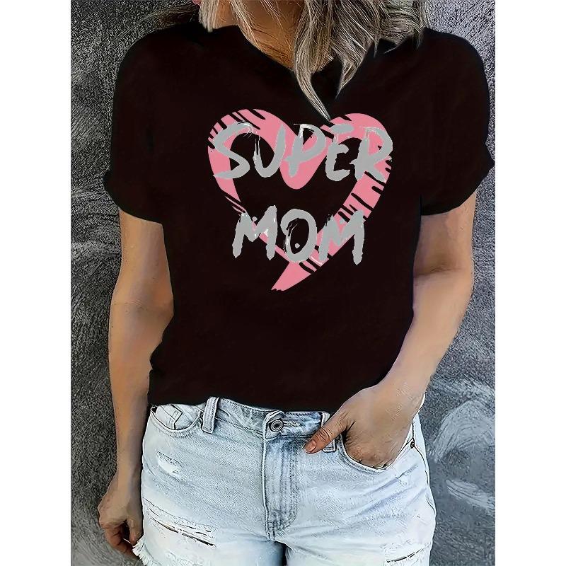 European Sizes Women's Fashionable Trendy Round Neck Short Sleeve T-Shirt with Simple English "Super Mom"