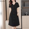 Women Daily Casual V-Neck Solid Color Summer Short Sleeve Dress