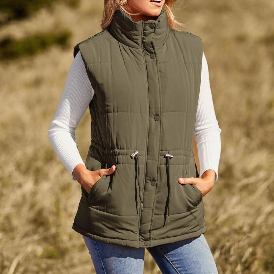 Winter Women Vest Coat Thickened Padded Button Closure Stand Up Collar Sleeveless Solid Color Drawstring Tight Waist Windproof Heat Retention Outdoor