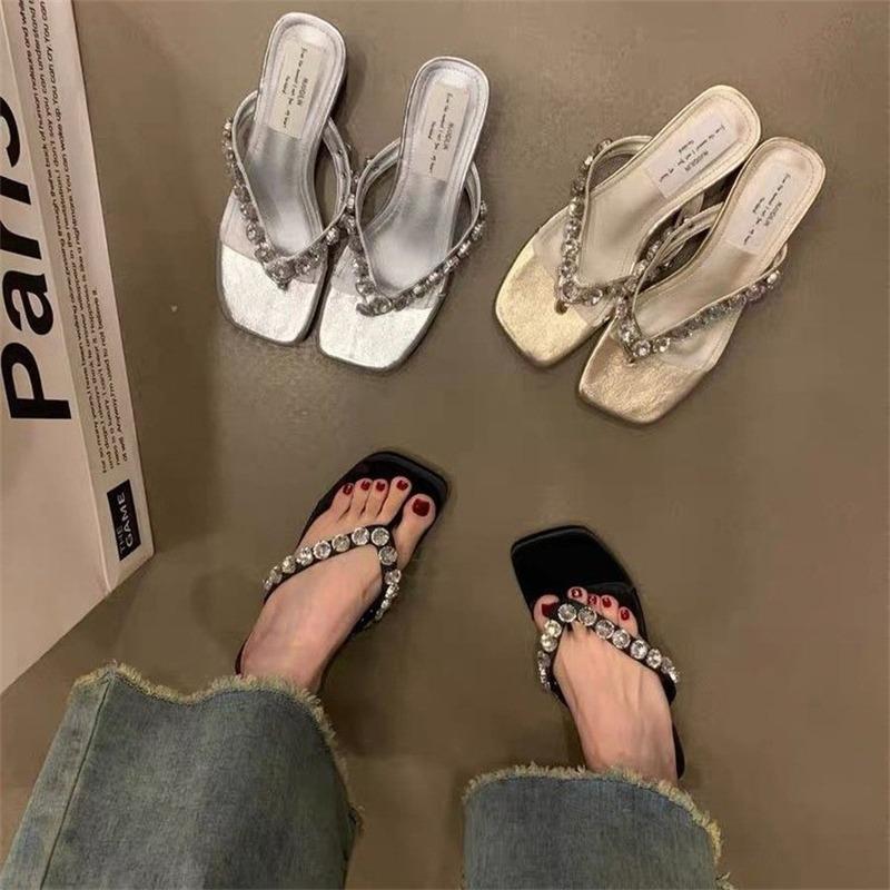 Mode Sommer Neue Mode Sandalen Strass Pantoletten mit Blockabsatz Damen Kopf mit Strandsandalen Sandalen Bequeme Schuhe