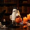 Cute Ghost Statue Statue, Resin Black Cat Holding Pumpkin Bucket Ornament, Halloween Ornament Figurine for Home Holiday Party Table Mantel Decoration