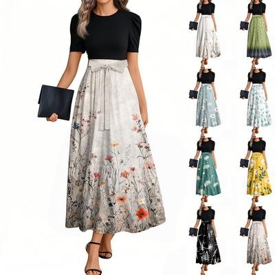 Women's Fashion Casual Belt Short Sleeve Round Neck Floral Stitching Elegant Temperament Dress