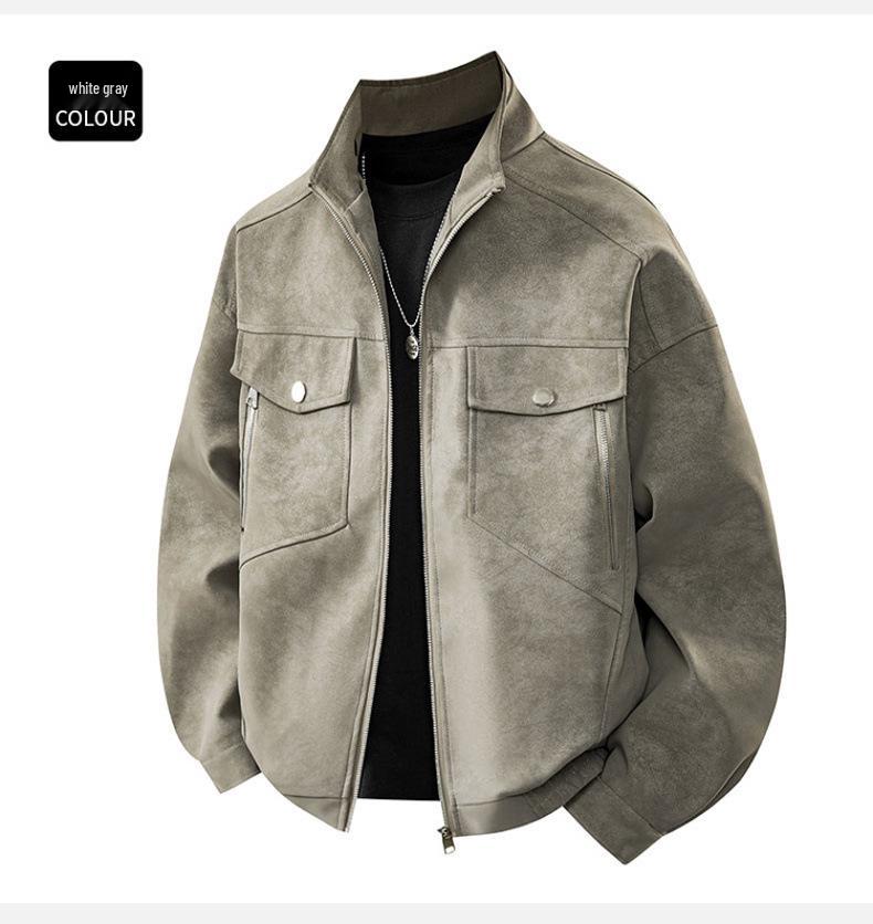 Men's Gray PU Leather Stand Collar Retro Workwear Jacket for Spring/Autumn