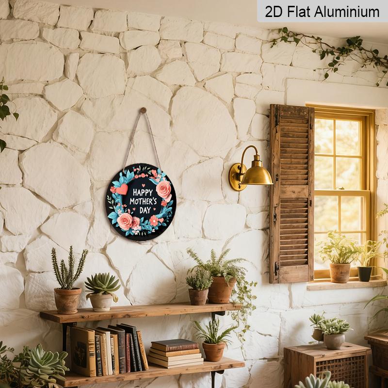 2D Flat, 1pc Vintage Mother's Day Round Aluminum Wall Sign - Pink Roses & Turquoise Floral Wreath with Happy Mother's Day Text, Heart Cutouts