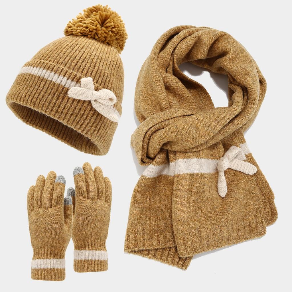 Winter Korean Style Butterfly Bow Hat Scarf Gloves Set For Girls And Women