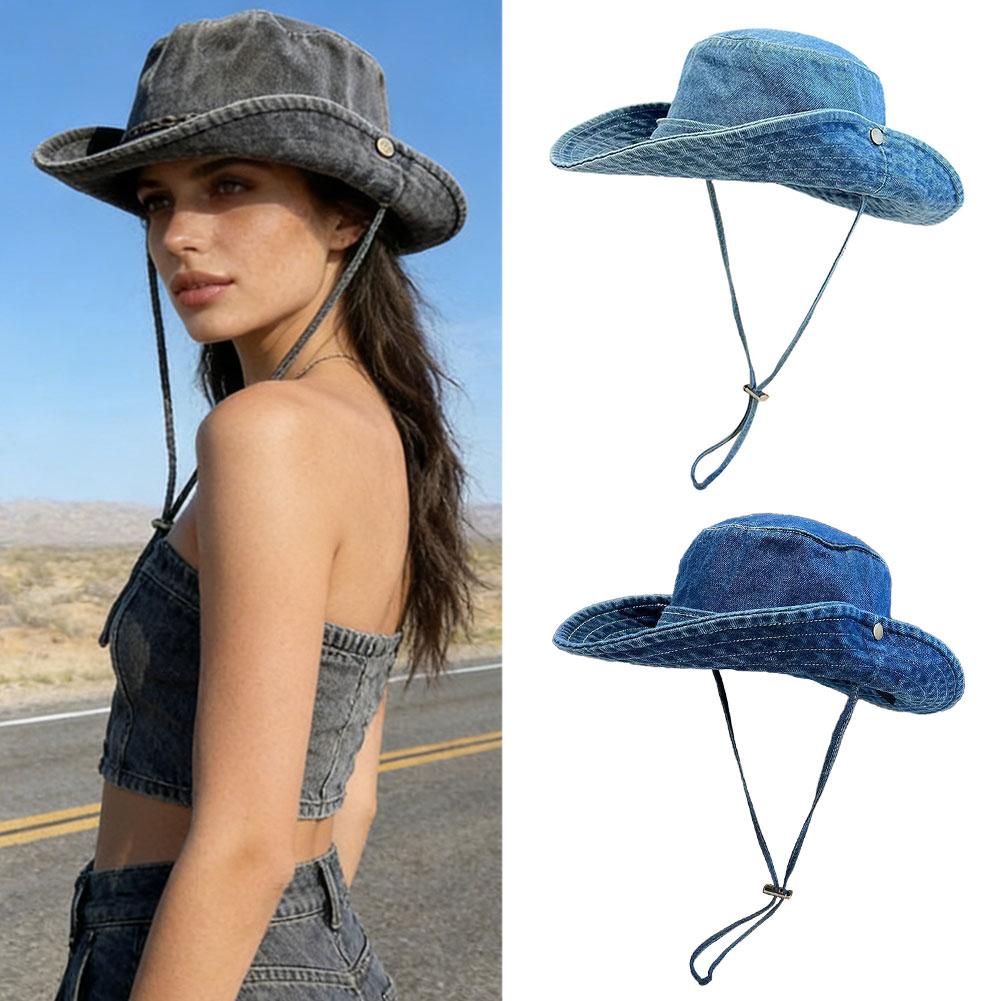Chapeau seau en jean délavé vintage unisexe chapeau de soleil d'été pour femmes hommes casquette de camping avec protection UV chapeau de cowboy occidental de pêcheur