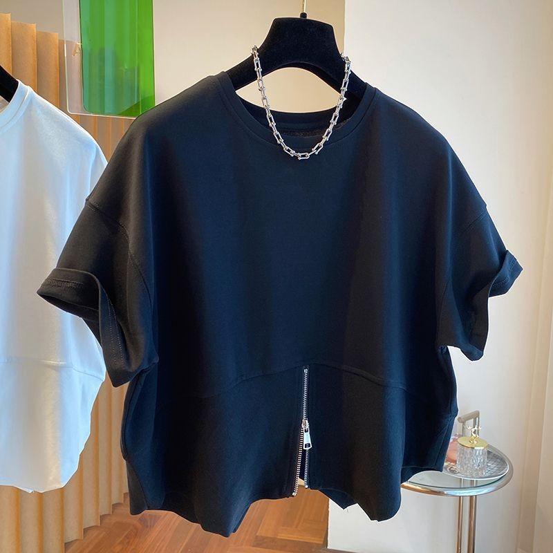 Women Summer Design Zipper Loose T-shirts Streetwear Casual Simple O-neck Korean Style Students