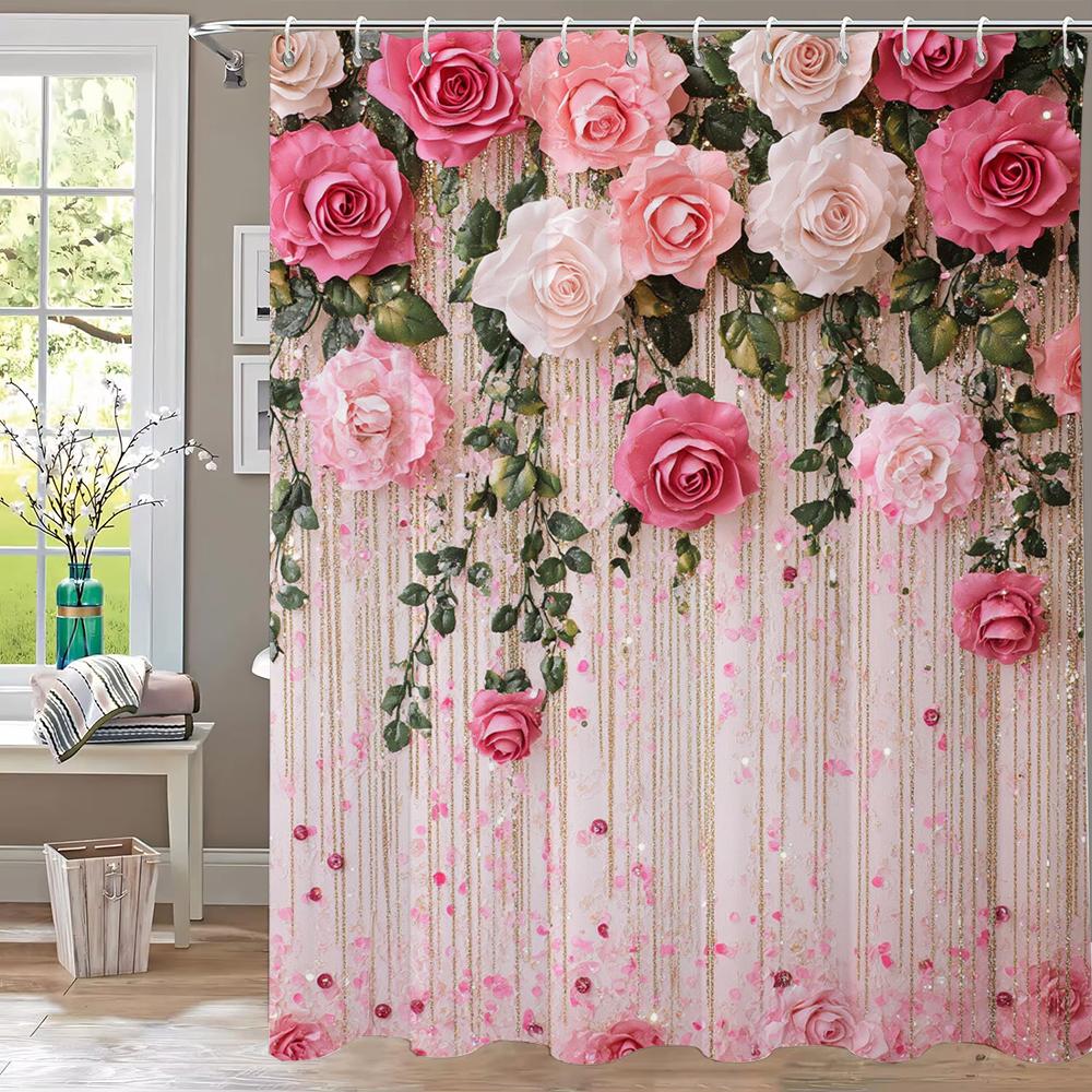 Kadınlar İçin Pembe Çiçekli Duş Perdesi Gelin Düğün, Pembe Çiçekler Romantik Kız Çocukları İçin Uygun Kancalı Askılı Perde
