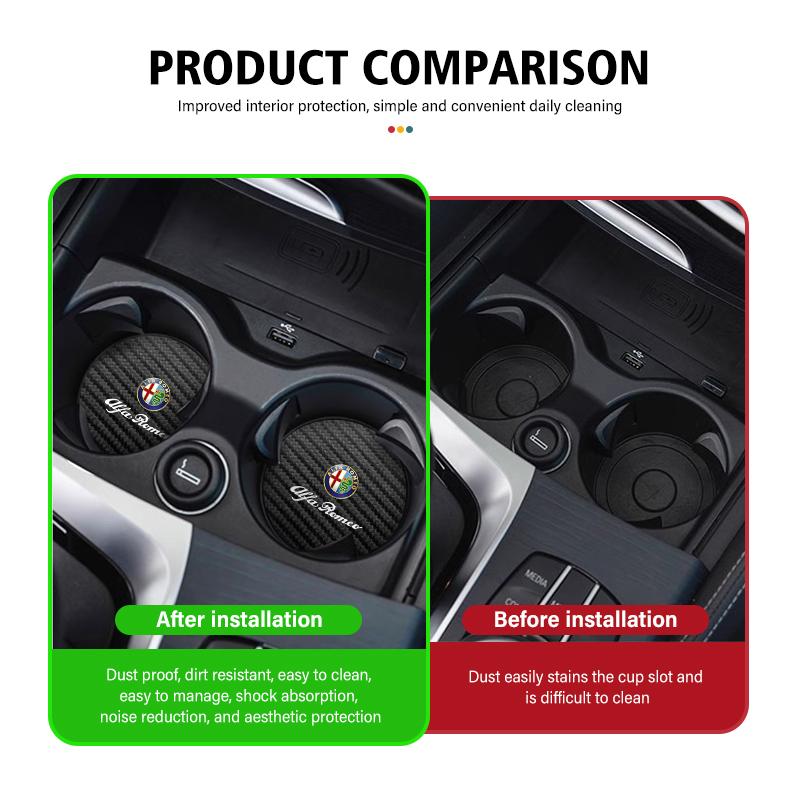 QTMYN1 2Pcs Car Coasters Water Cup Holder Pads Anti Slip Accessories For Alfa Romeo GT Stelvio F1 Brera Volante Tonale Gloria Disco