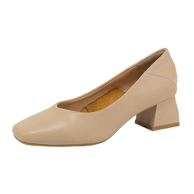 Coarse Heel Grandma Shoes Women's Spring New Fairy Shoes Gentle Middle Heel Single Shoes Shallow Mouth Square Head Commuter Work Shoes