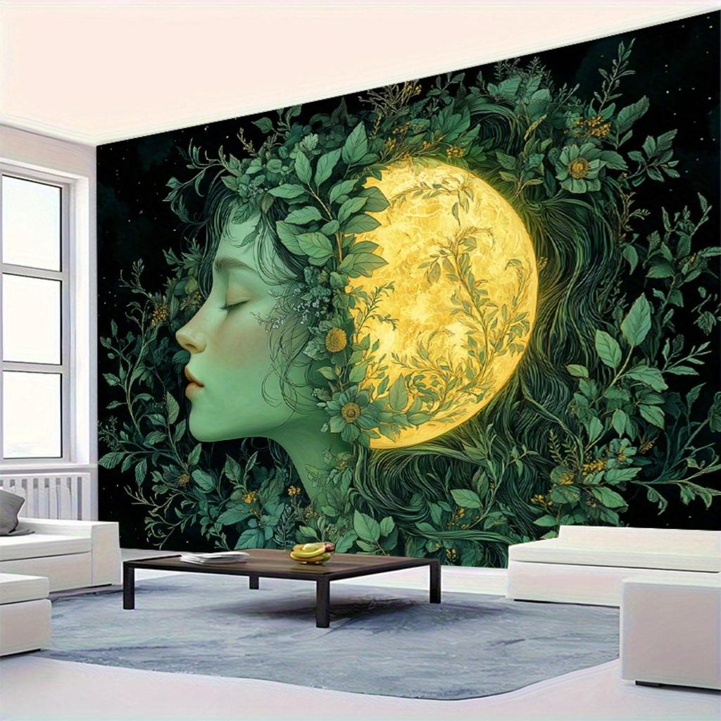 2D Flat 1pc Sun and Moon Goddess Mandala Tapestry Bohemian Wall Hanging with Green Goddess Art Mystical TattooInspired Desi