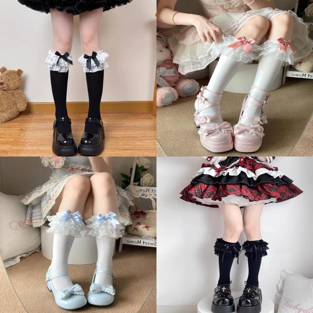 Lolita-Stil Baumwoll-Kniestrümpfe mit schwarzer Schleife für Herbst, Winter, tägliches Tragen