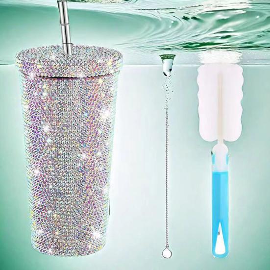 Glitter Tumbler with Brush Rhinestones Studded Tumbler Stainless Steel Insulated Bottle Sparkling Thermal Cup Birthday Gifts for Mom Wife