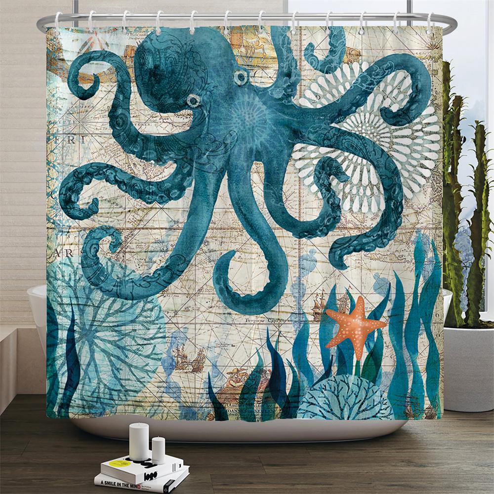 Octopus Seas Shower Curtains Bath Curtain 180*180Cm Waterproof Bathroom Home Decor Washable Fabric Bathroom Screen With 12 Hooks