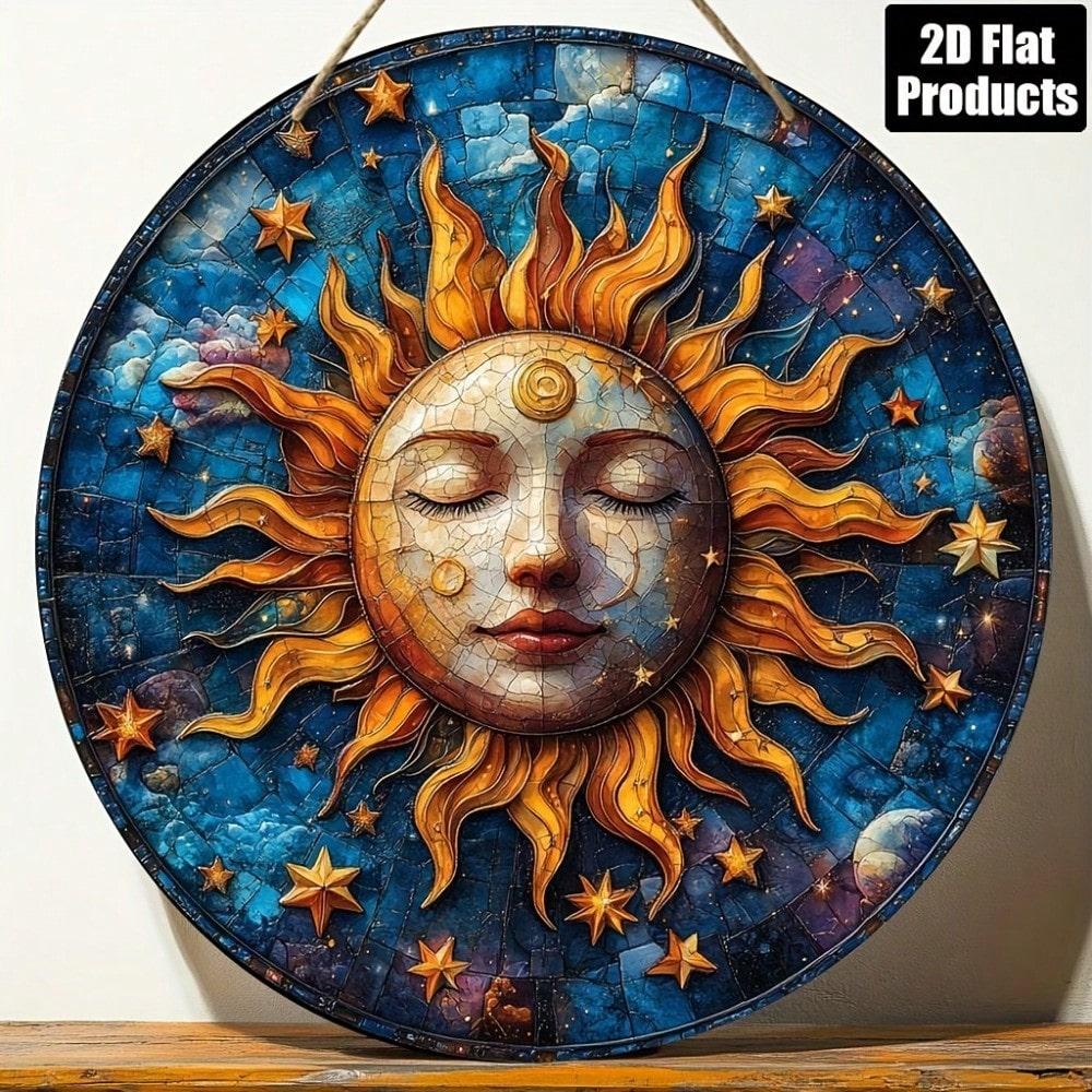 Iron Sheet Art Abstract Sun Moon Round Wall Decor 8x8 Inches 2D Flat Metal Painting Home