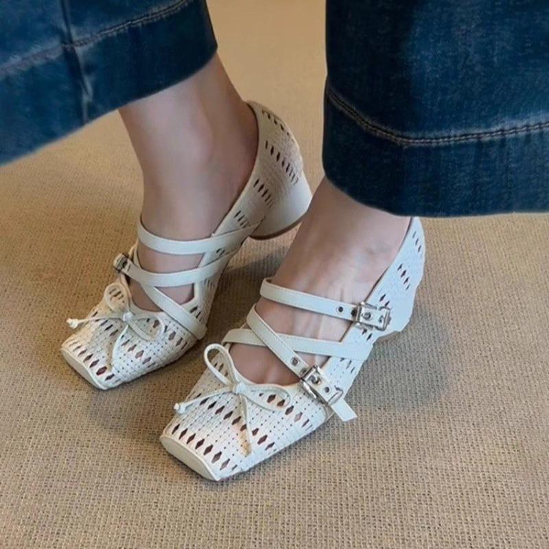 Sweet Style Mary Jane Shoes Women's Breathable Woven Hollow Out Cross Band Spring Summer New Model Korean Version Single Shoes