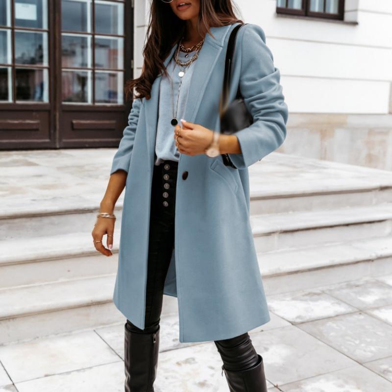 Autumn Winter Mid-length Solid Color Women Outerwear Lapel Woolen Coat