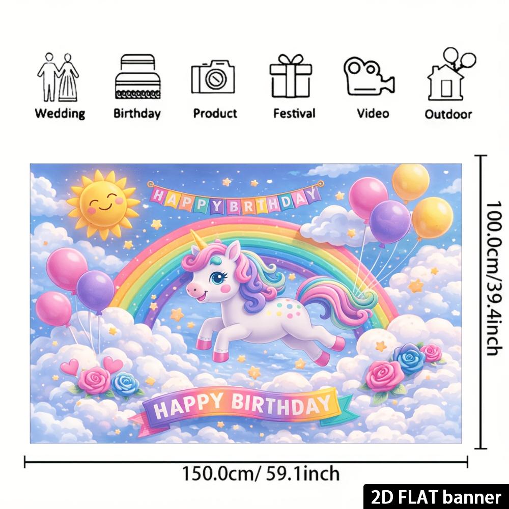 2D flaches Einhorn Geburtstagsfeier Banner Hintergrund Regenbogen Sonne Element Wolke Blauer Himmel Design Einhorn springt über Regenbogenform