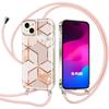 Case - Shockproof - for iPhone 15 Plus - Pink Marble Pattern - Adjustable Cord - Anti-Fingerprint Protection