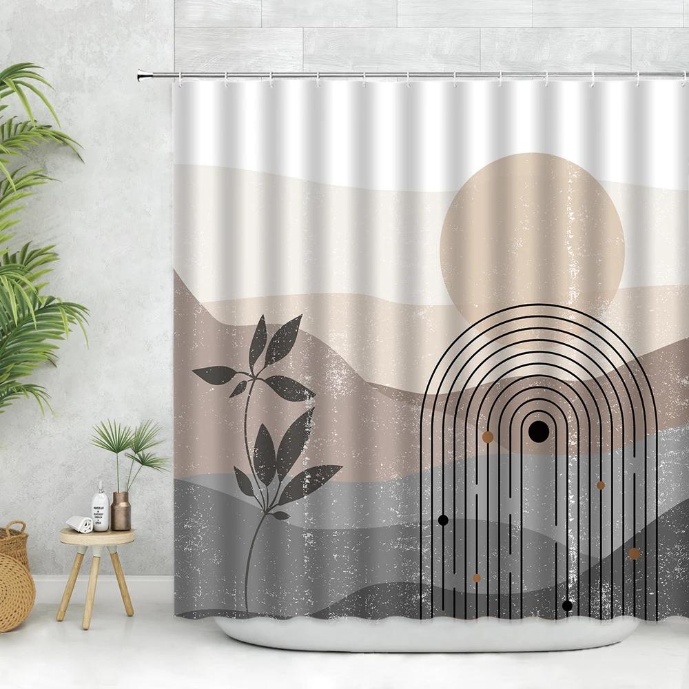 Unframed Abstract Neutral Leaves Simple Bathroom Shower Curtain Mid Century Sun Minimalist Modern Polyester Fabric Decor Bathroo