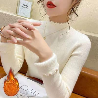 Women's Autumn Winter Slim-Fit Base Layer Sweater with Integrated Fleece Fabric Half-High Neck Thickened Korean Style Sweater